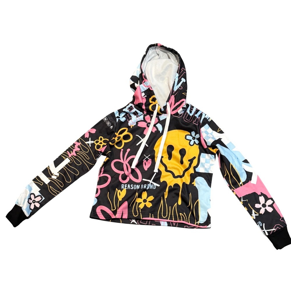 REASON Women All Over Print Smiley Drip Graphic Hoodie Black Pink Yellow Small